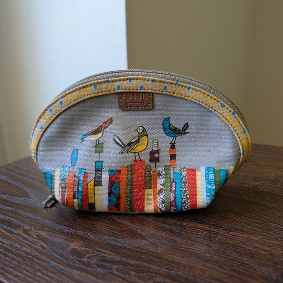 Fossil Key-Per Yellow Gray Bird Make-up Bag Multipurpose Pouch - Picture 1 of 8